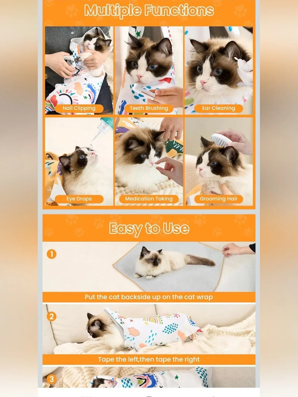 21.7'' Cat Grooming Wrap for Cutting Nails Self-Adhesive Soft Polyester Large
